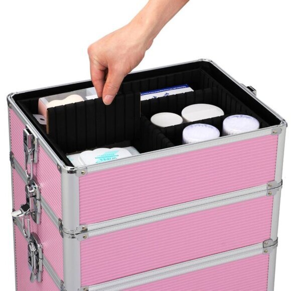 New 4-in-1 Pink Rolling Makeup Train Case, Pro Trolley Organizer with Wheels - Picture 7 of 8